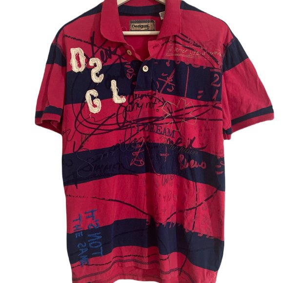 Desigual Other - Desigual Men's Pink/Navy Blue Striped Short Sleeve Polo Shirt